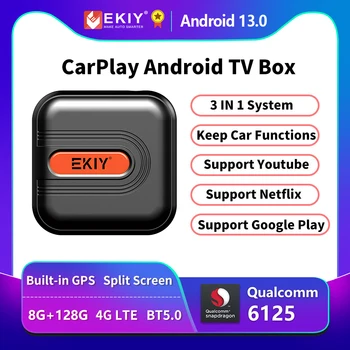 EKIY CarPlay Ai TV Box Android 13 8 ГБ + 128 ГБ QCM 8-Ядерный 665 6125 Беспроводной Автомобильный Адаптер CarPlay Android 4G LTE Встроенный GPS-модуль