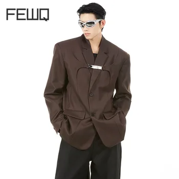 FEWQ Deconstruction Блейзер High Street Мужской Нишевый Дизайн Пиджаки Металлические Украшения Корейская Мода Наплечник Пальто 24B3267