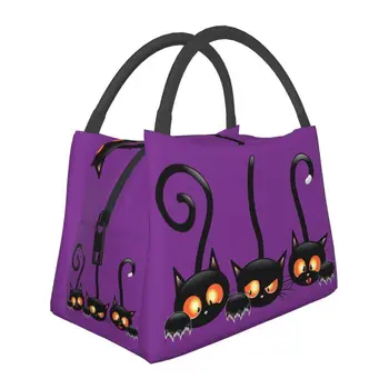 Halloween Black Cat Термоизолированная сумка для ланча, женская портативная сумка для ланча на открытом воздухе, для кемпинга, для путешествий, для хранения еды, коробка для еды
