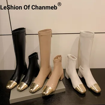 LeShion Of Chanmeb/ Женские сапоги до колена для верховой езды на блочном среднем каблуке, сапоги разных цветов, женская обувь на молнии телесного цвета 34-39, Осенняя мода