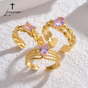 Letdiffery Модные женские кольца с розовым кристаллом и цирконием, Винтажное регулируемое открытое кольцо из нержавеющей стали, Свадебные украшения, Подарки