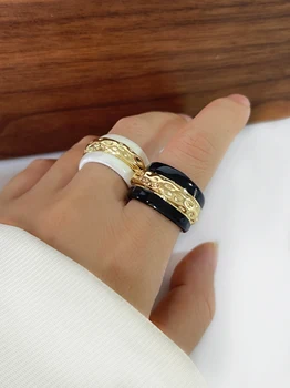 Peri's box Массивное позолоченное кольцо с чеканкой из черной белой эмали с широкой лентой для леди, эффектные кольца для пальцев Осень и зима