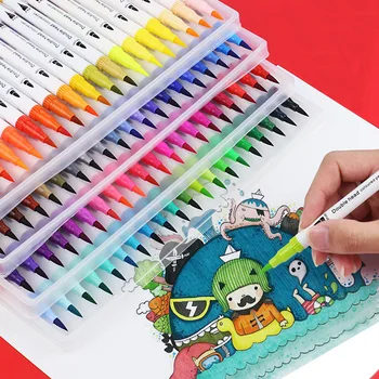 Акварельная ручка с двойной головкой, Моющаяся, 12-100 цветов, Тонкий/Кисточный кончик, Цветной маркер, Кисть для рисования, Набор для рисования, Художественные принадлежности