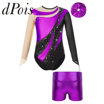 Балетная одежда для девочек, детский комбинезон для художественной гимнастики с длинным рукавом, блестящее трико с замочной скважиной на спине и металлическими шортами