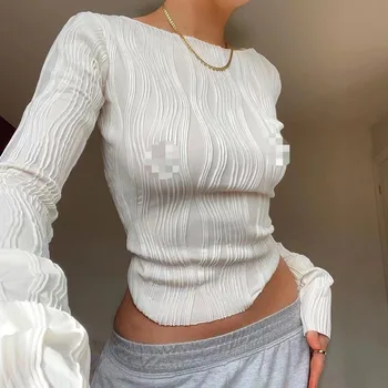 Белый облегающий пуловер, новинка осени 2023, коллаж в стиле OL, плиссированная женская футболка с длинными рукавами и круглым вырезом, облегающая фигуру