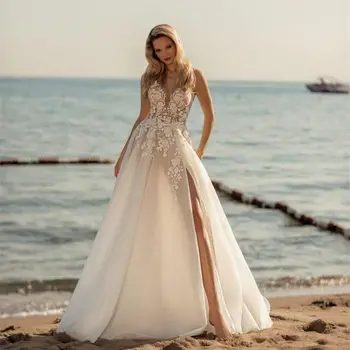 Блестящее свадебное платье трапециевидной формы, тюлевые кружевные аппликации, сексуальные бретельки с разрезом сбоку, свадебное платье с открытой спиной, блестящее Vestidos De Novia