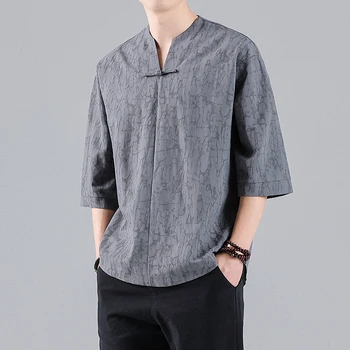 Винтажная мужская футболка из хлопка и льна с рукавом три четверти, черно-белые футболки, летняя уличная одежда, мужские футболки большого размера 5XL