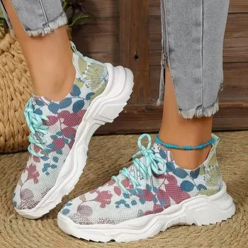 Вязаные кроссовки с цветочным принтом, женская дышащая спортивная обувь на платформе большого размера, женская нескользящая обувь для ходьбы на шнуровке