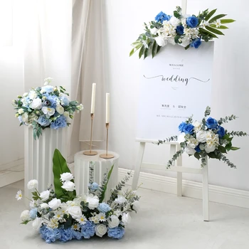 Голубая свадебная цветочная композиция, украшение зоны приема, торжества, искусственные цветы, подвесная цветочная дорога, ведущий бал
