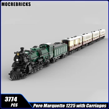 Городская железная дорога 1225-Паровоз и угольный тендер с Изумрудными ночными вагонами, строительный блок, Сборная модель, Кирпичные игрушки, подарки