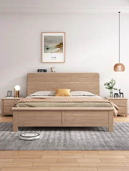 Деревянная кровать Nordic из массива ясеня 1,8 м с двуспальной кроватью в главной спальне, свадебная кровать 1,5 м с односпальной кроватью, высокий ящик для хранения, заводская розетка