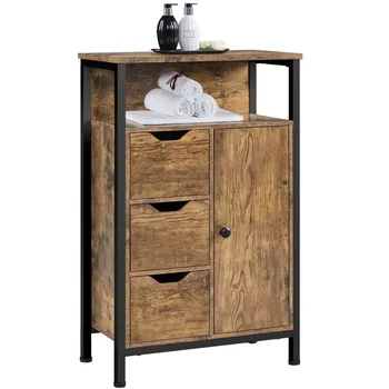 Деревянный напольный шкаф для хранения с полками и 3 ящиками для кухни в гостиной, серый