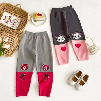 Детская одежда Kawaii Детские Хлопчатобумажные брюки с вышивкой Аниме Клубничный Мишка Милая Одежда Снаружи Леггинсы Универсальные Леггинсы Подарок для девочки
