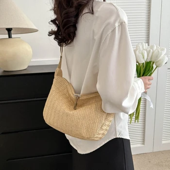 Женская винтажная соломенная сумка через плечо ручной работы, женская повседневная сумка-мессенджер большой емкости