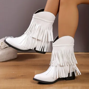 Женская обувь в богемном стиле, Новинка зимы 2023, женские ботинки в западном стиле с кисточками, Большие размеры 36-43, Сапоги на платформе в стиле кантри в стиле ретро