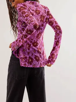 Женская рубашка Y2K с цветочным принтом на пуговицах, Сексуальная прозрачная Приталенная блузка с длинным рукавом и V-образным вырезом, Топы с рюшами, Эстетичная уличная одежда