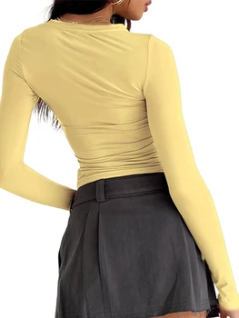 Женские базовые футболки YILEEGOO с длинным рукавом, однотонные повседневные рубашки с круглым вырезом, весенне-осенние облегающие топы