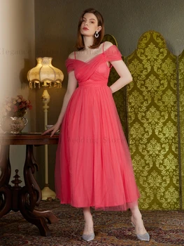 Женские выпускные платья на тонких бретельках с открытыми плечами для подростков, ярко-розовое вечернее платье из тюля миди.