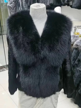 Женское зимнее пальто FURSHEHE из натурального кроличьего меха с большим воротником из лисьего меха, Роскошная модная короткая куртка 55 см, теплое уличное пальто