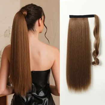 Золотисто-коричневый Длинный прямой конский хвост Синтетическое наращивание волос с заколкой в Конский хвост для женщин Термостойкий искусственный Пони