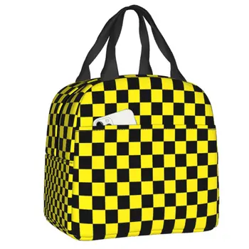 Изготовленная на заказ черно-желтая клетчатая сумка для ланча, женская сумка-холодильник, теплые изолированные ланч-боксы для детей, школьников