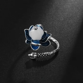Изысканное кольцо с имитацией голубого лотоса из нефрита, женское открытое кольцо для растений в этническом стиле, Женские элегантные ювелирные аксессуары