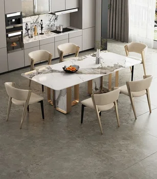 Итальянский легкий роскошный обеденный стол Pandora rock plate семейного размера, обеденный стол и стул комбинированного типа из нержавеющей стали с позолотой