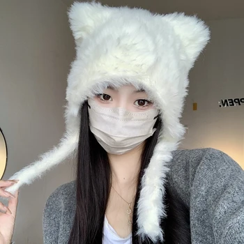 Корейская осенне-зимняя теплая защита ушей, милая плюшевая шапочка-пуловер, женские мягкие и универсальные шапки-бомберы со шнуровкой с медвежьими ушками