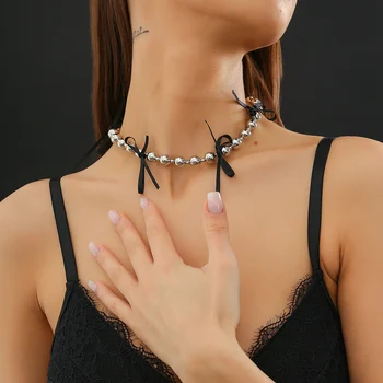 Короткое ожерелье из бисера KunJoe Punk серебристого цвета CCB, расшитое бисером, для женщин, готическое ожерелье-чокер с черным бантом, подарок для вечеринки 2024 г.