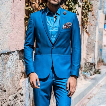 Костюмы для мужчин 2023, высокое качество, Элегантный синий Однобортный с остроконечным отворотом, Обычная длина, куртка для жениха из двух частей, брюки по фигуре