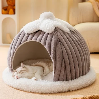 Кошачий Домик Съемная Кроватка для маленьких собак Cats PuppyNest Полузакрытый Домик Плюшевый Теплый Снежный Домик С уютной подушкой