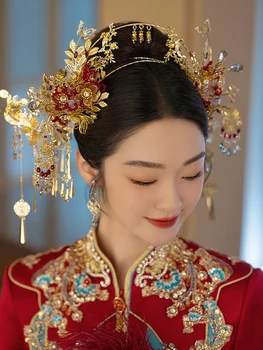 Красная Корона Xiuhe Платье Головной Убор Китайская Свадебная Металлическая Бахрома Палочка Для Волос Ювелирные Аксессуары для Женщин Модная Классическая Одежда для Волос