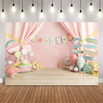Ледяной фон для дня рождения, разбитый торт на первый день рождения, фон для новорожденного ребенка для фотостудии, Сладкие конфеты, призы, розовый занавес