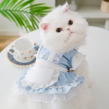 Летний шелковый галстук для кошки, кружевной наряд горничной, Тонкое платье принцессы для кошки, одежда для двуногих собак, Домашняя одежда для кошек