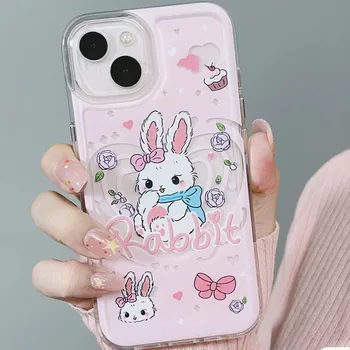 Милые чехлы для телефонов с кроликом для iPhone 11 12 13 14 15 Pro Max для iPhone XR XS Корейский винтажный Розовый чехол для телефона Мягкий чехол