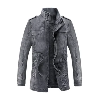 Мужская длинная кожаная куртка, мужская плюс Бархатная теплая искусственная кожа, повседневная верхняя одежда из искусственной кожи, пальто, модные зимние уличные мотоциклетные куртки