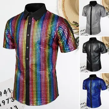 Мужская клубная рубашка Винтажная дискотека 70-х, мужская клубная рубашка со светоотражающими блестящими пайетками, отложной воротник, короткий рукав, пуговицы для мужчин
