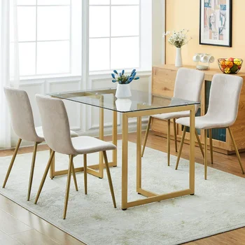 Набор обеденных стульев из 4 предварительно собранных стульев, обитых позолоченными ножками, Современная ткань для столовой, кухни