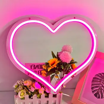 Неоновое зеркало в виде сердца, Розовая неоновая вывеска Love Heart для декора стен, светодиодная лампа с регулируемой яркостью, работающая от USB, для комнаты, свадьбы, подарка для женщин