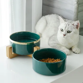 Новая миска для кошек, столовые приборы для маленьких собак, Миски для риса, Керамическая миска для кошек, Прочная деревянная рама, кормушка для домашних животных, принадлежности для кошек и собак.