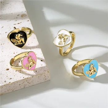Новый Ins 18-K Позолоченный цветной Масляный Ангел-кольцо Винтажные многоцветные кольца в виде Сердца Ангела Для женщин, модные украшения для девочек