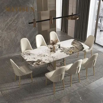Обеденный стол из каменной плиты, роскошный каменный светильник, роскошное сочетание обеденного стола и стула от итальянского дизайнера в современном минимализме высокого класса