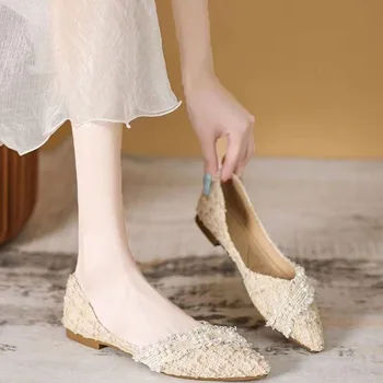 Осенняя модная женская обувь 2023 года, дышащие женские туфли без застежки, туфли на низком каблуке с острым носком, женские однотонные женские туфли на плоской подошве