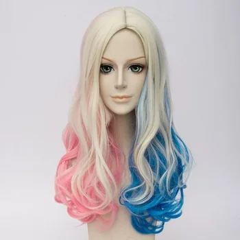 Отряд самоубийц, парик Харли Квинн, Кудрявые Светлые Розово-голубые парики для косплея из смешанных волос