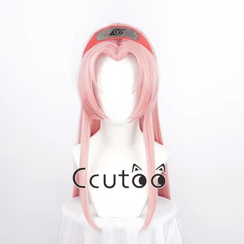 Парик для косплея Харуно Сакуры, Розовые длинные синтетические волосы, аниме-парик в стиле красного головного убора + Бесплатная шапочка для парика