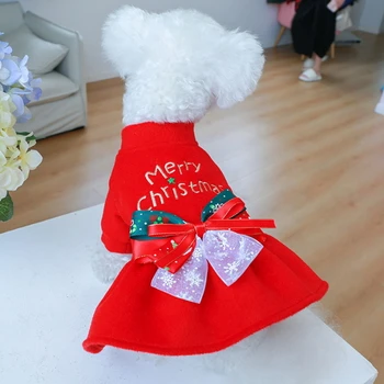 Платье с Рождеством, одежда для домашних животных, осенне-зимнее платье для собак и кошек, красное шерстяное платье с бантом для маленьких и средних собак