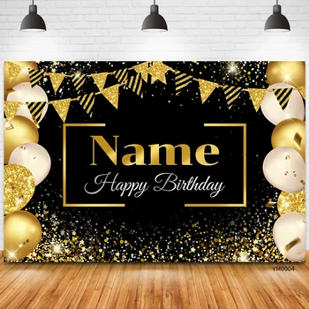 Пользовательское имя, фотография, фон на день рождения, баннер, плакат с черным золотом, плакат для вечеринки по случаю дня рождения, годовщины, фон для фотобудки, баннер