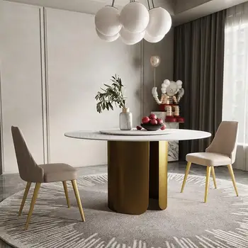Простой Современный Легкий Обеденный стол из каменной плиты класса Люкс, Бытовой Круглый стол на 10 персон с поворотным столом, Белая мебель для столовой