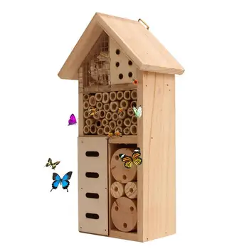 Пчелиный домик, домик для насекомых, деревянный отель для насекомых, естественное место гнездования для пчел-бабочек на открытом воздухе во дворе сада