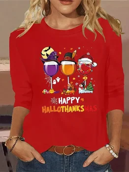 Рождественская футболка на Хэллоуин больших размеров, женская Плюс забавные бокалы для вина и футболка с принтом слогана с длинным рукавом и круглым вырезом
